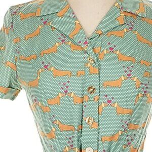 Modcloth Green Dachshund Print Puppy Love Shirt Dress